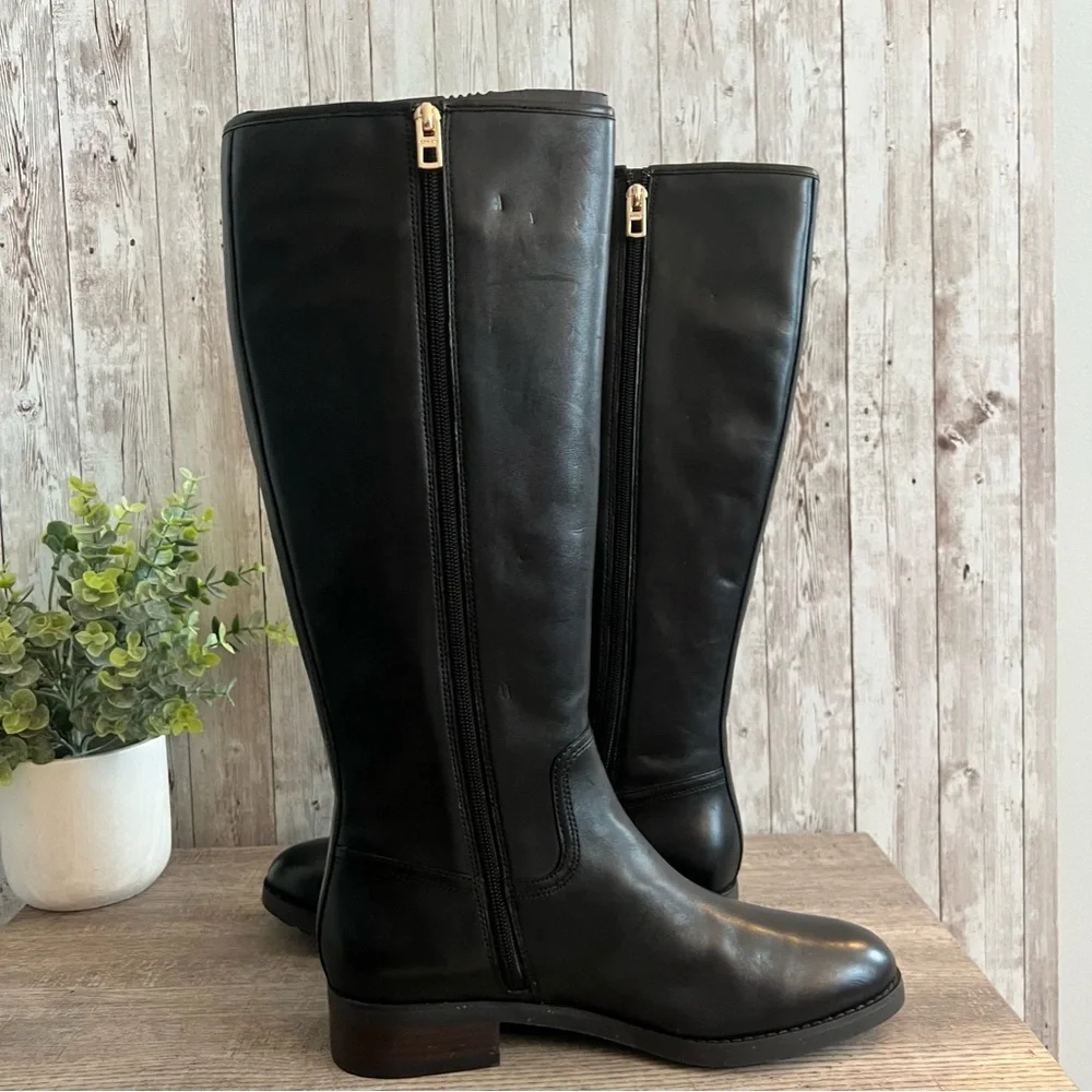 Coach Easton Tall Equestrian Black Leather Boots Gold Buckle Sophisticated 9 - Picture 2 of 10